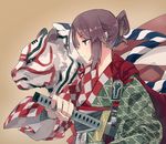  brown_hair cape folded_ponytail green_eyes hitogome holding holding_sword holding_weapon japanese_clothes kimono obi original pointy_ears profile sash sheath sheathed solo sword tiger weapon white_tiger 