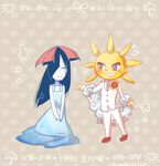  1girl ameonna_(youkai_watch) blue_eyes blue_neckwear blush character_name closed_eyes flower formal full_body grin hair_over_one_eye hareotoko long_hair necktie pale_skin smile suit sunflower twitter_username umbrella umi_(srtm07) yellow_skin youkai youkai_watch youkai_watch_2 