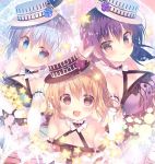  3girls :d bangs black_collar black_eyes black_hair black_hat black_neckwear blue_eyes blush breasts cleavage collar commentary_request corset criss-cross_halter dress elbow_gloves flower frilled_collar frills gloves gochuumon_wa_usagi_desu_ka? hair_between_eyes hair_ornament halterneck hat hat_belt hat_flower hat_ornament hat_ribbon hoto_cocoa kafuu_chino looking_at_viewer medium_breasts mitsumomo_mamu multiple_girls neck_ribbon open_mouth orange_eyes orange_hair pink_flower ribbon silver_hair smile star tedeza_rize twintails white_gloves white_hat x_hair_ornament 