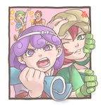  3girls :d :o anger_vein bad_id bad_pixiv_id bare_shoulders bel_(pokemon) blonde_hair border cabernet_(pokemon) clenched_teeth closed_eyes crossed_arms framed_image gloves green_eyes green_gloves hand_on_another's_head hat headband holding kenyan_(pokemon) langley_(pokemon) leg_up looking_at_viewer map multiple_girls muscle myuutau_tadakichi open_mouth paper pink_background pokemon pokemon_(anime) pokemon_bw_(anime) purple_hair red_hair shirt shouting simple_background sleeveless sleeveless_shirt smile standing standing_on_one_leg tank_top teeth v-shaped_eyebrows wince 
