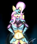  2015 anthro anthrofied armor cape clothing equine female fluttershy_(mlp) friendship_is_magic gamermac hair hair_over_eyes helmet long_hair looking_at_viewer mammal my_little_pony navel open_mouth pegasus pink_hair solo torn_clothing wings 