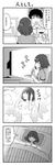  1girl 4koma cashier chair comic greyscale highres monochrome open_mouth original sakayama_shinta shop short_hair showering sitting smile solo_focus translated watching_television water 