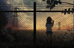  aya_(star) barbed_wire chain-link_fence cloud fence looking_through_fence original power_lines revision scenery school_uniform serafuku short_hair skirt socks solo sunset transmission_tower 