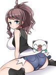  ^_^ ass black_legwear blue_eyes blush breasts brown_hair chro_(rulurullu) closed_eyes covered_nipples denim denim_shorts gen_5_pokemon high_ponytail highres huge_breasts long_hair looking_at_viewer no_hat no_headwear oshawott parted_lips pokemon pokemon_(creature) pokemon_(game) pokemon_bw shorts sitting sleeveless smile socks touko_(pokemon) vest wariza white_background 