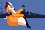  2015 big_breasts boots breasts brown_fur brown_hair canine clothing female fluffy_tail fox fur gloves hair hat looking_at_viewer mammal military_cap nude orange_fur ship silhouette smile solo starfighter warship white_fur 