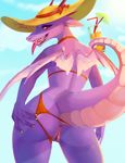  anthro anus bikini butt clothing cyan_mint dragon female hat looking_back pussy raised_tail red_eyes scalie solo spreading swimsuit tongue tongue_out wings 