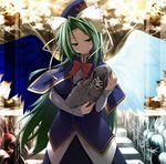 album_cover angel angel_wings baby backlighting blue_capelet blue_dress bow breasts capelet carrying commentary_request cover demon demon_wings dress green_eyes green_hair half-closed_eyes hat hat_ribbon large_breasts long_hair mima motherly ribbon rondo_umigame skeleton smile stairs standing touhou touhou_(pc-98) tree very_long_hair wings 