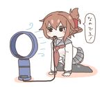  anchor_symbol black_legwear black_skirt bladeless_fan brown_hair commentary dyson electric_fan electric_plug electricity folded_ponytail inazuma_(kantai_collection) kantai_collection long_sleeves mato_tsuyoi mouth_hold nanodesu_(phrase) neckerchief pleated_skirt plug_in_mouth ponytail pun school_uniform serafuku simple_background skirt solo thighhighs translated white_background 