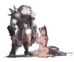  after_sex ahri animal_ears armor breasts clothed_male_nude_female cum cum_on_body cum_on_breasts cum_on_upper_body fox_ears fox_tail huge_penis inflation large_breasts league_of_legends multiple_tails nipples nude open_fly pandea_work penis rengar simple_background sketch smile stomach_bulge tail white_background yellow_eyes 