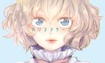  alice_margatroid blonde_hair blue_background blue_eyes face lips looking_at_viewer meiji_(charisma_serve) parted_lips pink_lips reflective_eyes sample short_hair solo touhou translation_request 