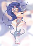  1girl armpits arms_up blue_hair breasts cat_ears cat_paws cat_tail claws fangs felicia full_body large_breasts looking_at_viewer monster_girl navel revealing_clothes solo tovio_rogers vampire_(game) 