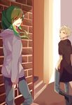  1girl bad_id bad_pixiv_id blonde_hair green_hair hood hoodie kagerou_project kano_shuuya kido_tsubomi long_hair short_hair yamori_shiki 