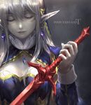  cleavage_cutout closed_eyes earrings eyelashes facial_mark fantasy holding jewelry kzcjimmy lips lipstick long_hair makeup pixiv_fantasia pixiv_fantasia_t pointy_ears silver_hair smile solo sword upper_body weapon 