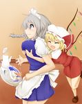  blonde_hair blue_eyes breast_grab breasts dropping fang flandre_scarlet grabbing izayoi_sakuya large_breasts multiple_girls silver_hair spilling surprised surprised_arms tea tipo_(tipoplaza) touhou wings 