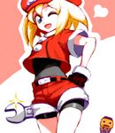  bad_id bad_pixiv_id bike_shorts blonde_hair gloves green_eyes hat heart iseki_(kuroshura_no_tabiji) kobun one_eye_closed oversized_object red_shorts rockman rockman_dash roll_caskett short_hair shorts wrench 