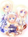  armor bad_id bad_pixiv_id blonde_hair blue_eyes chibi_(nekomimimi) child deviruchi hug laughing long_hair lord_knight multiple_girls paladin_(ragnarok_online) ragnarok_online short_hair swordsman_(ragnarok_online) twintails 