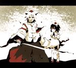  1girl animal_ears bad_id bad_pixiv_id black_hair blush child detached_sleeves fuukadia_(narcolepsy) genderswap genderswap_(ftm) hat inubashiri_momiji red_eyes shameimaru_aya short_hair sword tokin_hat touhou weapon white_hair wolf_ears 