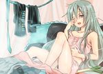  aqua_eyes aqua_hair camisole clothes clothes_removed hatsune_miku lingerie long_hair one_eye_closed pillow sakou_mochi scratching sitting skirt sleepy smile solo spring_onion underwear vocaloid waking_up 