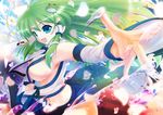  blue_eyes breasts detached_sleeves frog green_hair hair_ornament kochiya_sanae large_breasts long_hair md5_mismatch midriff navel outstretched_arms porurin sideboob snake solo spread_arms touhou 