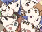  :d akizuki_ritsuko brown-framed_eyewear brown_hair clenched_teeth futami_ami futami_mami glasses green_eyes hagiwara_yukiho idolmaster idolmaster_(classic) kikuchi_makoto kisaragi_chihaya looking_at_viewer minase_iori miura_azusa multiple_girls open_mouth red_eyes shaded_face shimoigusa smile surprised takatsuki_yayoi teeth wide-eyed 