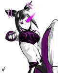 baggy_pants burning_eye chaps clenched_hand crop_top drill_hair dudou eyeshadow fighting_stance fingerless_gloves gloves halter_top halterneck han_juri leg_lift lizender makeup midriff navel pants ribs signature simple_background skull smile solo street_fighter street_fighter_iv_(series) twin_drills 