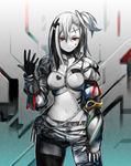  chain gloves highres jacket kodama_yuuki long_hair midriff navel original red_eyes solo tattoo 