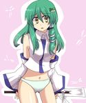  akatoro_(nightlord) detached_sleeves frog green_hair hair_ornament kochiya_sanae long_hair panties side-tie_panties snake solo touhou underwear 