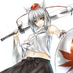  animal_ears bad_id bad_pixiv_id detached_sleeves hat inubashiri_momiji leaf maple_leaf midriff navel red_eyes shield short_hair silver_hair solo sword takemori_shintarou tokin_hat touhou weapon white_hair wolf_ears yellow_eyes 