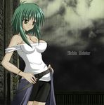  bare_shoulders breasts cross dark_skin green_hair half-skirt jewelry large_breasts lowres necklace rain ring rosenkreuzstilette short_hair shorts sichte_meister solo womi yellow_eyes 