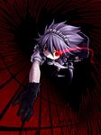  bad_id bad_pixiv_id braid captain_freedom gloves glowing glowing_eye highres izayoi_sakuya knife maid red_eyes short_hair silver_hair solo thighhighs touhou twin_braids 