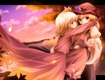  aki_minoriko aki_shizuha autumn ayase_midori brown_hair hair_ornament hug leaf_hair_ornament multiple_girls siblings sisters touhou 