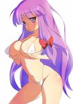 bikini blush bow breast_lift breasts contrapposto highleg highleg_bikini huge_breasts long_hair no_hat no_headwear parted_lips patchouli_knowledge purple_eyes purple_hair ribbon shie_(m417) solo standing swimsuit touhou 