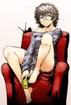  armchair bad_id bad_pixiv_id barefoot blue_eyes chair crooked_eyewear cup feet feet_on_chair glasses hands kawazu legs messy_hair mug naked_sweater off_shoulder original silver_hair sitting snail solo sweater uneven_eyes 