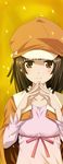  bad_id bad_pixiv_id bakemonogatari big_wednesday blush brown_eyes brown_hair cabbie_hat hat jacket_on_shoulders monogatari_(series) ribbon sengoku_nadeko solo 