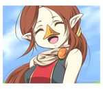  beak brown_hair chenge-getter closed_eyes long_hair medli open_mouth pointy_ears ponytail rito smile solo the_legend_of_zelda 