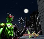  antennae belt city highres jolt_(artist) kamen_rider kamen_rider_double kamen_rider_w male_focus moon night pointing solo 