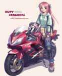  blue_eyes boots copyright_request ground_vehicle hood hoodie hoon_park_jeong long_hair motor_vehicle motorcycle pink_hair solo 