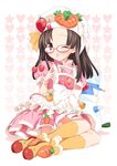  bad_id bad_pixiv_id bespectacled black_hair blush brown_eyes carrot cherry cooking_idol_ai!_mai!_main! food food_themed_clothes fruit glasses hat hiiragi_mine looking_at_viewer one_eye_closed solo strawberry suzume_inui 
