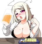  bikini_top breasts brown_hair chopsticks cleavage cup drunk food glasses holding holding_chopsticks kotatsu_(kotatsu3) large_breasts left-handed long_hair mug open_clothes open_shirt original purple_eyes shirt solo 