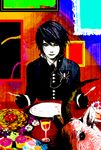  black_eyes black_hair bug chiyo_(rotsurechiriha) cupcake death_note food fork l_(death_note) male_focus plate solo spider spoon 