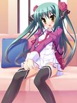  adjusting_clothes adjusting_legwear blush brown_eyes copyright_request dressing green_hair hair_ribbon necktie nukunuku ribbon school_uniform sitting sock_pull solo thighhighs 