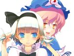  bad_id bad_pixiv_id bangs blue_eyes blunt_bangs blush bunching_hair hair_pull hat karochii konpaku_youmu multiple_girls pink_hair saigyouji_yuyuko touhou upper_body 