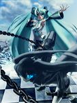  aqua_eyes aqua_hair arm_cannon bad_id bad_pixiv_id black_hair black_rock_shooter black_rock_shooter_(character) blue_eyes burning_eye chain checkered checkered_floor coat detached_sleeves gun hatsune_miku headset highres long_hair multiple_girls necktie open_mouth perspective rin2008 skirt sword thighhighs twintails very_long_hair vocaloid weapon zettai_ryouiki 