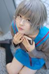  book cardigan cosplay glasses grey_hair kita_high_school_uniform nagato_yuki photo school_uniform short_hair solo suzumiya_haruhi_no_yuuutsu 