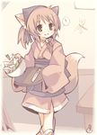  1girl animal_ears bad_id bad_pixiv_id bandana bell bell_collar bug collar fox_ears insect japanese_clothes long_sleeves lowres original shirohebidou smile solo spill tray 
