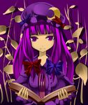  book bow crescent hair_bow hat kureha_(ironika) long_hair patchouli_knowledge purple_eyes purple_hair ribbon solo touhou 