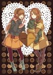  bad_id bad_pixiv_id boots brown_eyes brown_hair circus66 coat cookie english food hairband multiple_girls original pantyhose scarf short_hair skirt 