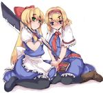  alice_margatroid blonde_hair blue_eyes book bow doll green_eyes hair_bow hairband kneeling long_hair multiple_girls pantyhose razor ribbon shanghai_doll short_hair touhou umakatsuhai weapon 