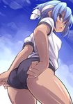  adjusting_buruma adjusting_clothes arms_behind_back ass bad_id bad_pixiv_id blue_hair blush buruma dark_skin eeeeee gym_uniform headband open_mouth original purple_eyes short_hair solo sweat tan trefoil 