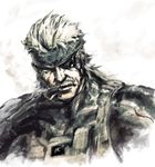  bad_id bad_pixiv_id cigarette eyepatch facial_hair gloves headband hisakata_souji male_focus metal_gear_(series) metal_gear_solid metal_gear_solid_4 mustache old_snake smoking solid_snake solo 